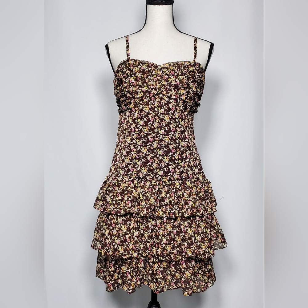 Express Brown & Colorful Floral Tiered Dress Size M
